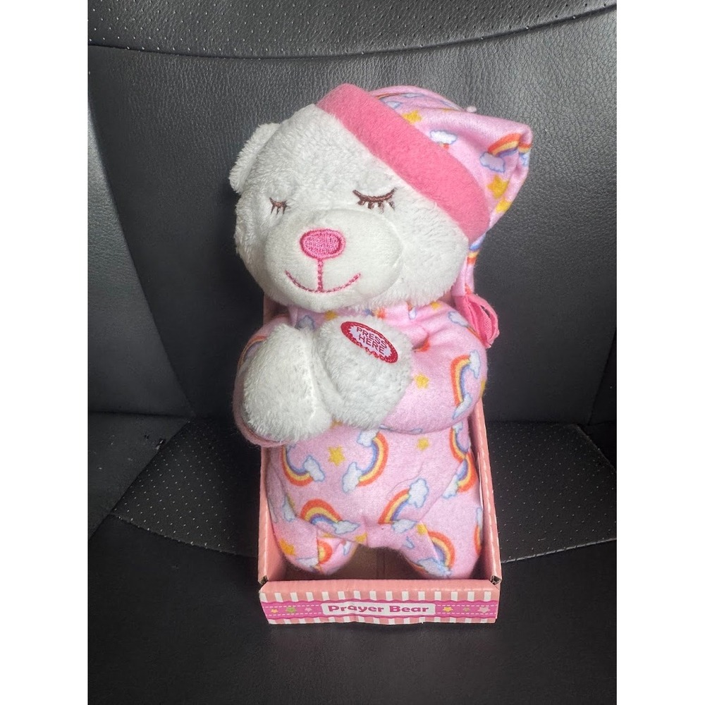NEW Praying White Bear Recite Bedtime Prayer Rainbows Pink Girl Plush Doll Toy!